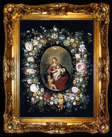 framed  Jan Breughel Virgin and Child with Infant St John in a Garland of Flowers, ta009-2